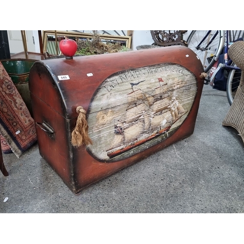 849 - A long vintage wooden storage chest featuring a hand-painted nautical scene on the front, with inter... 