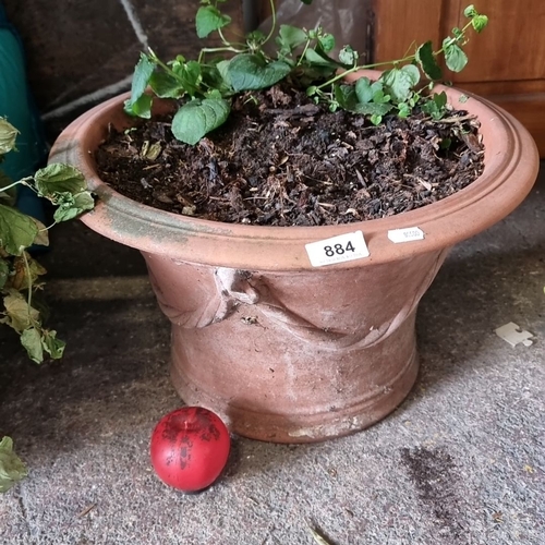 884 - A terracotta planter with embossed floral motif and wide rim. Includes a planted vine. Approximate h... 