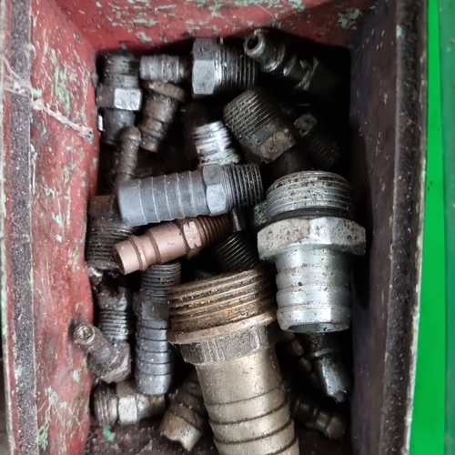 900 - A selection of industrial metal fittings and fasteners, sorted in various bins. Comprising nuts, bol... 