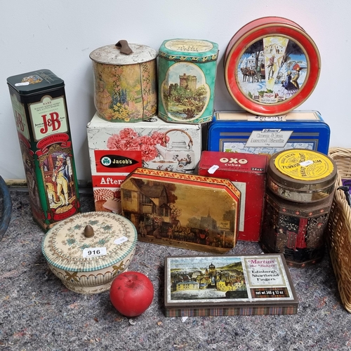 916 - An assortment of vintage decorative tins including a nice Jacobs, OXO cubes, a Charles Dickens A Chr... 