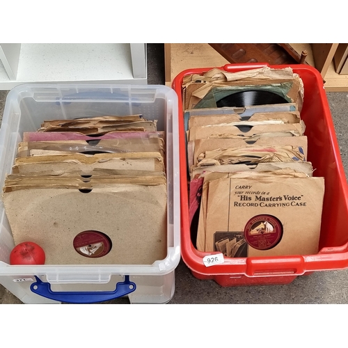 926 - Two boxes containing a large selection of gramophone records including His Masters Voice examples of... 