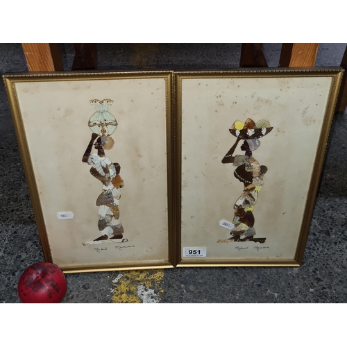 951 - Two gorgeous vintage African butterfly wing art pieces depicting two women with baskets on their tra... 