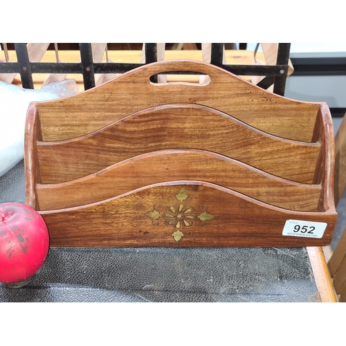 952 - A handsome vintage wooden three tiered letter holder featuring brass cartouche to front.