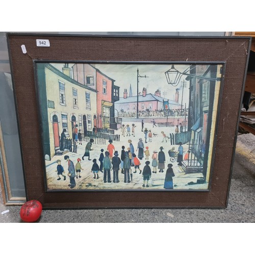 942 - A print after an original L.S. Lowry painting titled 'A Procession, 1938'. Housed in a wooden black ... 