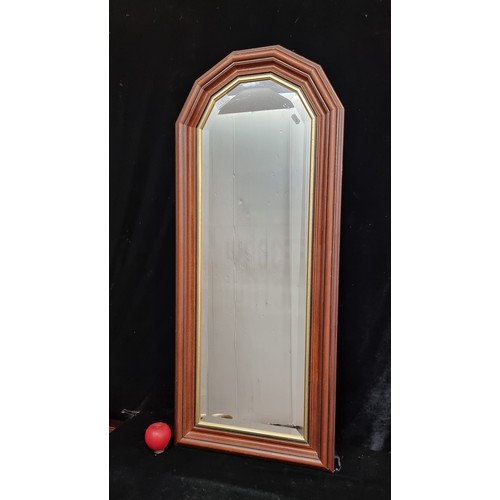 562 - A gorgeous tall bevelled wall mirror housed in a wooden frame featuring a gilt gold trim.