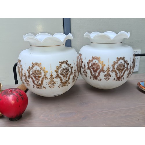 971 - A pair of milk glass lamp oil lamp shades with gilt gold detailing and scalloped edge. Very hard to ... 