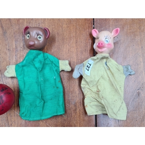 727 - Two vintage hand puppets, set of 2, featuring whimsical animal characters with fabric clothing. A ch... 