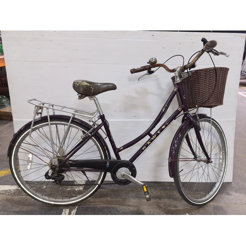 648 - Vintage Dawes ladies' bicycle with wicker front basket and rear cargo rack, accompanied by a modern ... 