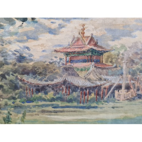 105 - A beautiful original gouache on canvas board painting featuring a landscape with Chinese temple. Ini... 