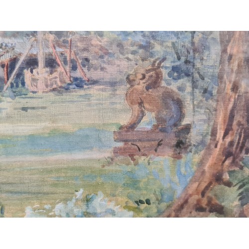 105 - A beautiful original gouache on canvas board painting featuring a landscape with Chinese temple. Ini... 