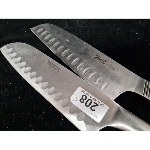 208 - A selection of five chef knives including one very cool stainless steel Japanese example.