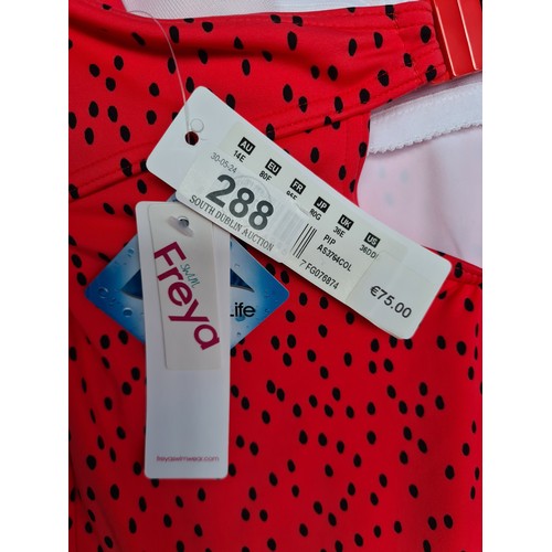 288 - A brand new with tags 'Freya' ladies swimsuit in coral pink with black polka dot effect with padded ... 