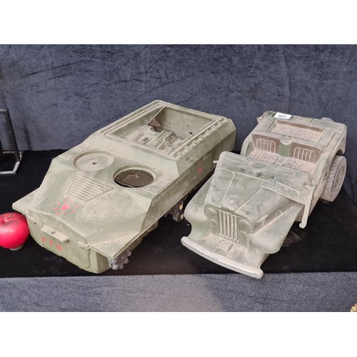 801 - Two vintage military-themed toy vehicles, including one army jeep and one tank. Would be suitable fo... 