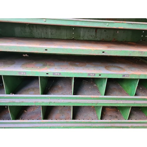 306 - Star Lot : A green metal very heavy duty  industrial steel pigeon hole storage unit. Has. Great indu... 