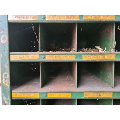 306 - Star Lot : A green metal very heavy duty  industrial steel pigeon hole storage unit. Has. Great indu... 