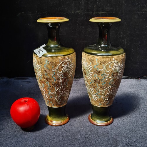 152 - Star Lot : A pair of fabulous hand painted Royal Doulton Lambeth ceramic vases. Signed RB ( Rosina B... 