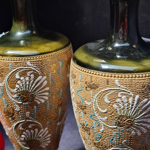 152 - Star Lot : A pair of fabulous hand painted Royal Doulton Lambeth ceramic vases. Signed RB ( Rosina B... 