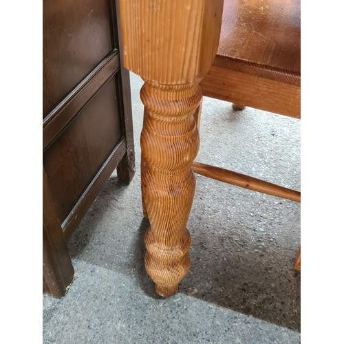 484 - Star lot : A Solid pine long farmhouse dining table with turned legs, accompanied with five matching... 