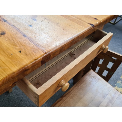 484 - Star lot : A Solid pine long farmhouse dining table with turned legs, accompanied with five matching... 