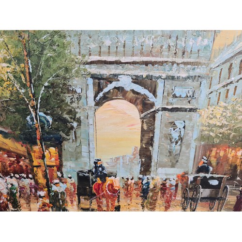 832 - Star Lot: A large original oil on canvas painting titled 'Arc de triomphe'. Features the titular bus... 