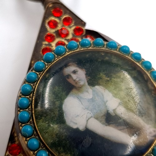 595 - A fabulous vintage fob watch with turquoise stone surround and portraiture inlay. Dimensions - 7 x 4... 