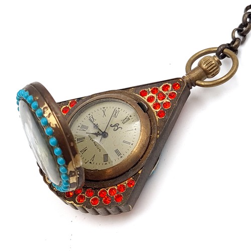 595 - A fabulous vintage fob watch with turquoise stone surround and portraiture inlay. Dimensions - 7 x 4... 