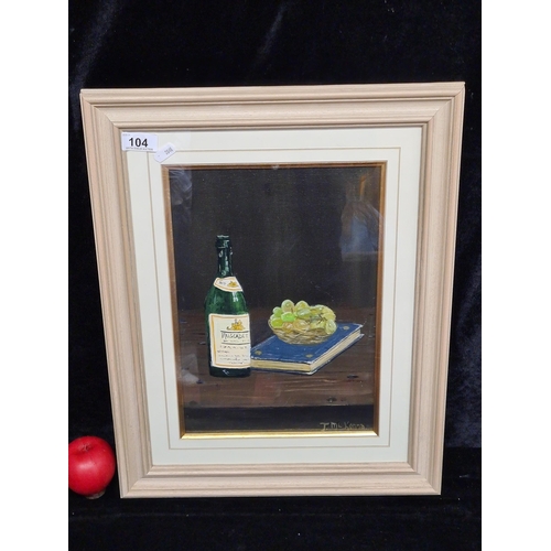 104 - A wonderful original oil on board painting featuring a still life of wine, grapes and a book. Signed... 