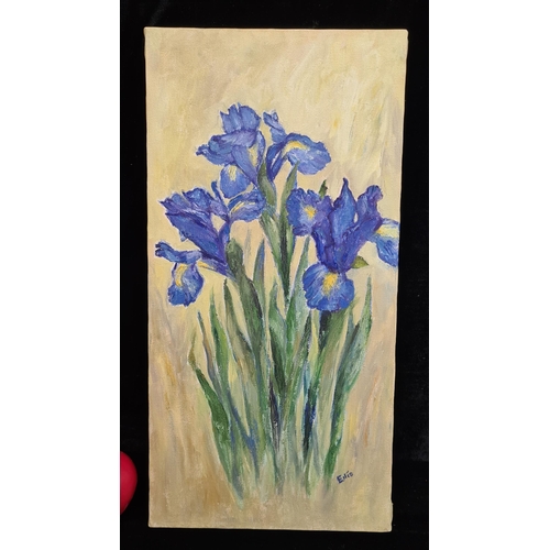 111 - A wonderful original oil on canvas painting titled 'Blue Iris'. Features a botanical study of Iris f... 