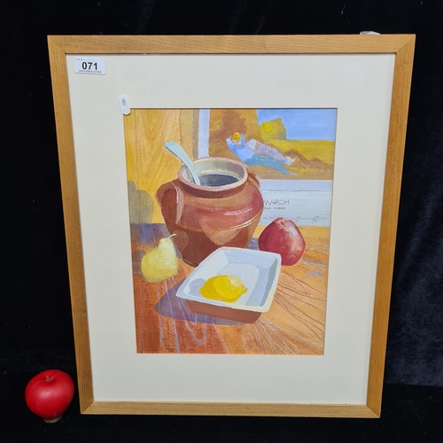 71 - A bright Patricia McGloughlin (Irish) gouache and pastel on paper painting. Features a still life wi... 