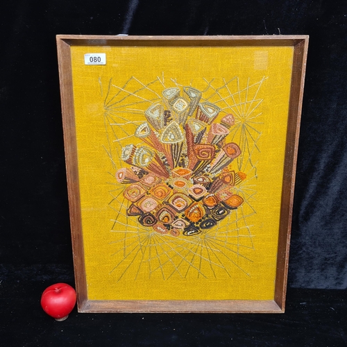 80 - An intricate mid century emnbroidery on fabric artwork. Features a very unique pine cone in variety ... 