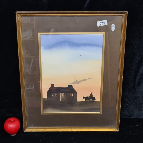 85 - A sweet original watercolour on paper painting. Features silhouetted cottage house with horsing cart... 