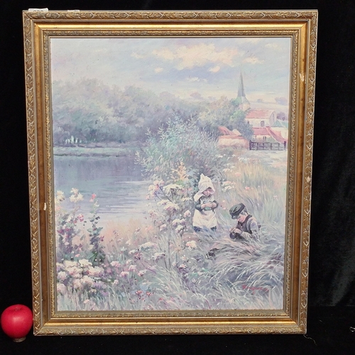 90 - An original vintage oil on canvas painting. Features a pastel toned landscape with children playing.... 