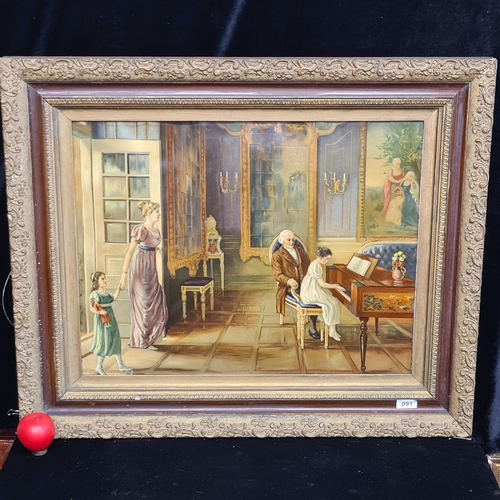 91 - A large chromolithograph after an original 19th century oil painting featuring a piano recital. Hous... 