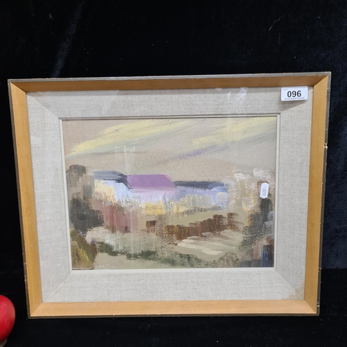 96 - An original oil on wood board painting titled 'Farmstead'. Features the titular in impressionist bru... 