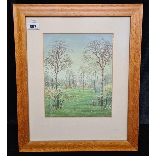 97 - A lovely print of an original J Safaric painting. Features a spring landscape with houses and a chur... 