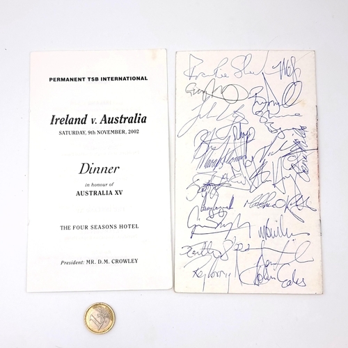 20 - An Irish Rugby match program Ireland x Australia - Sat 9th Nov, 2002. Together with match dinner men... 