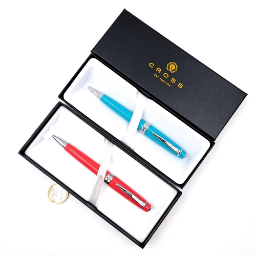 3 - Two Cross ball point pens stylo bille in coral & teal. Comes in original packaging in as new conditi... 