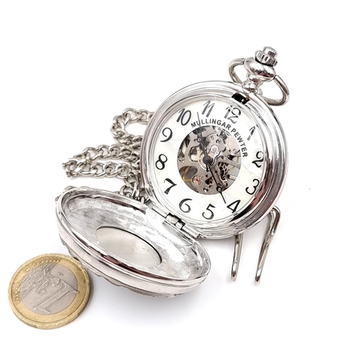 4 - A full hunter pocket watch and chain by the Mullingar Pewter company. Watch has enamel dial and Arab... 