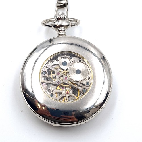 4 - A full hunter pocket watch and chain by the Mullingar Pewter company. Watch has enamel dial and Arab... 