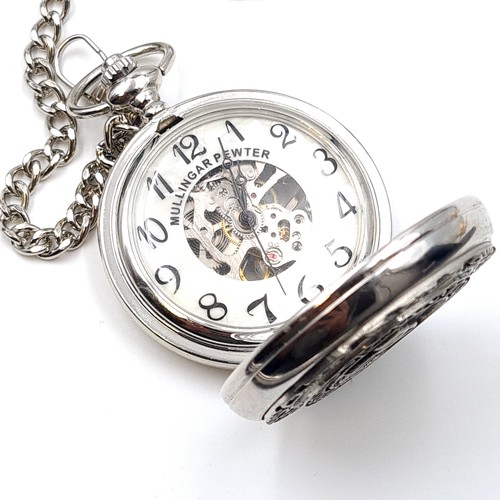 4 - A full hunter pocket watch and chain by the Mullingar Pewter company. Watch has enamel dial and Arab... 