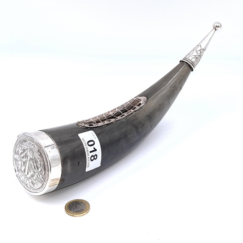 18 - Star Lot : An unusual horn with Sterling  silver mounts. Dimensions - 28 cms. Weight - 240.68 grams.... 