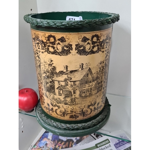 671 - A vintage style decorative wooden waste bin with pastoral scene and floral motifs, featuring a green... 