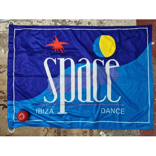 678 - A Space Ibiza Dance flag, made by Sosa-Dias. Vivid blue and orange tones, featuring prominent dance ... 
