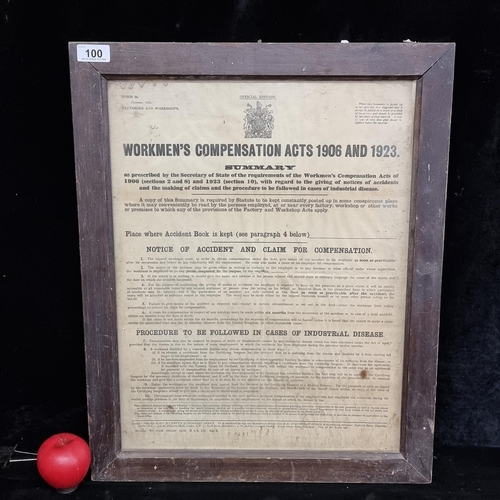 100 - A fantastic 1923 print of the 'Workmen's Compensation Acts 1906 and 1923' notice poster. Includes 'P... 