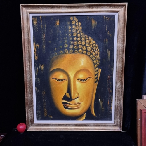 103 - Star Lot: A captivating large original oil on board painting. Features a portrait of Buddha head. Re... 