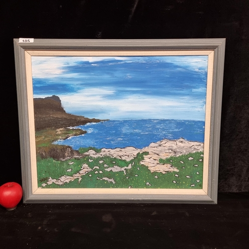 105 - An original acrylic on canvas painting. Features a serene bright coastal landscape. Rendered in blue... 