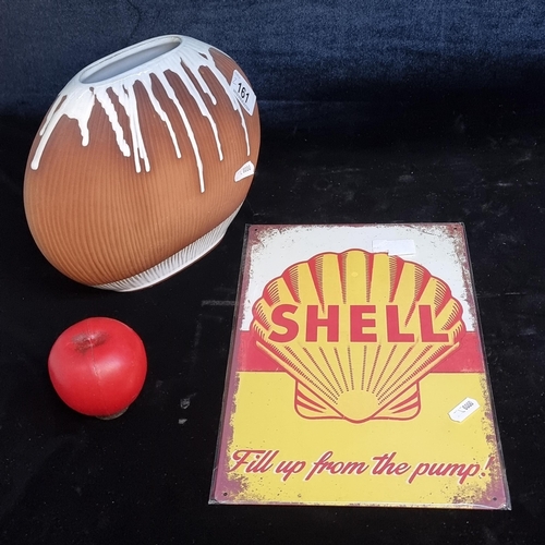 161 - Two items comprising of a Stephen Pierce oval vase along with a metal Shell Oil advertising sign.