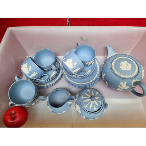 278 - A box comprising of a Wedgwood Jasperware tea set including a teapot, sugar bowl, milk jug, six cups... 