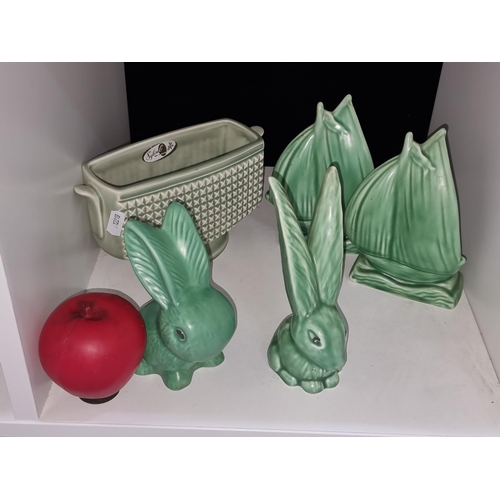 340 - Five vintage pieces of Sylvac porcelain including two adorable bunny rabbits and two sail boats. All... 