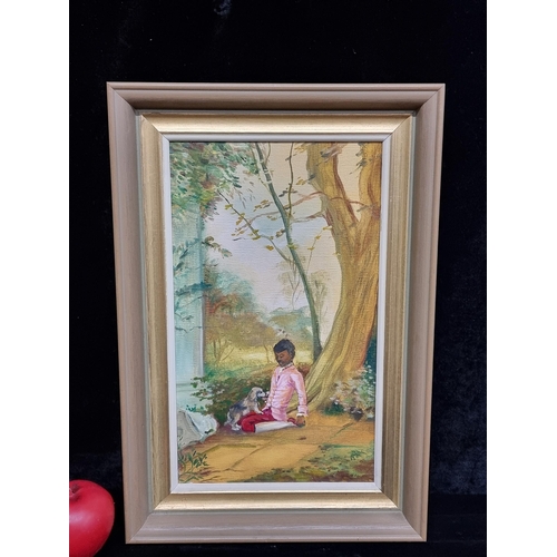 64 - A wonderful original oil on canvas painting. Features a young child with a puppy. Rendered in an aut... 